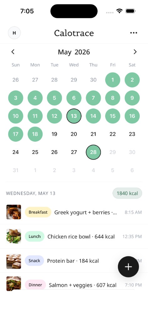 Calotrace app — meal calendar and daily food log